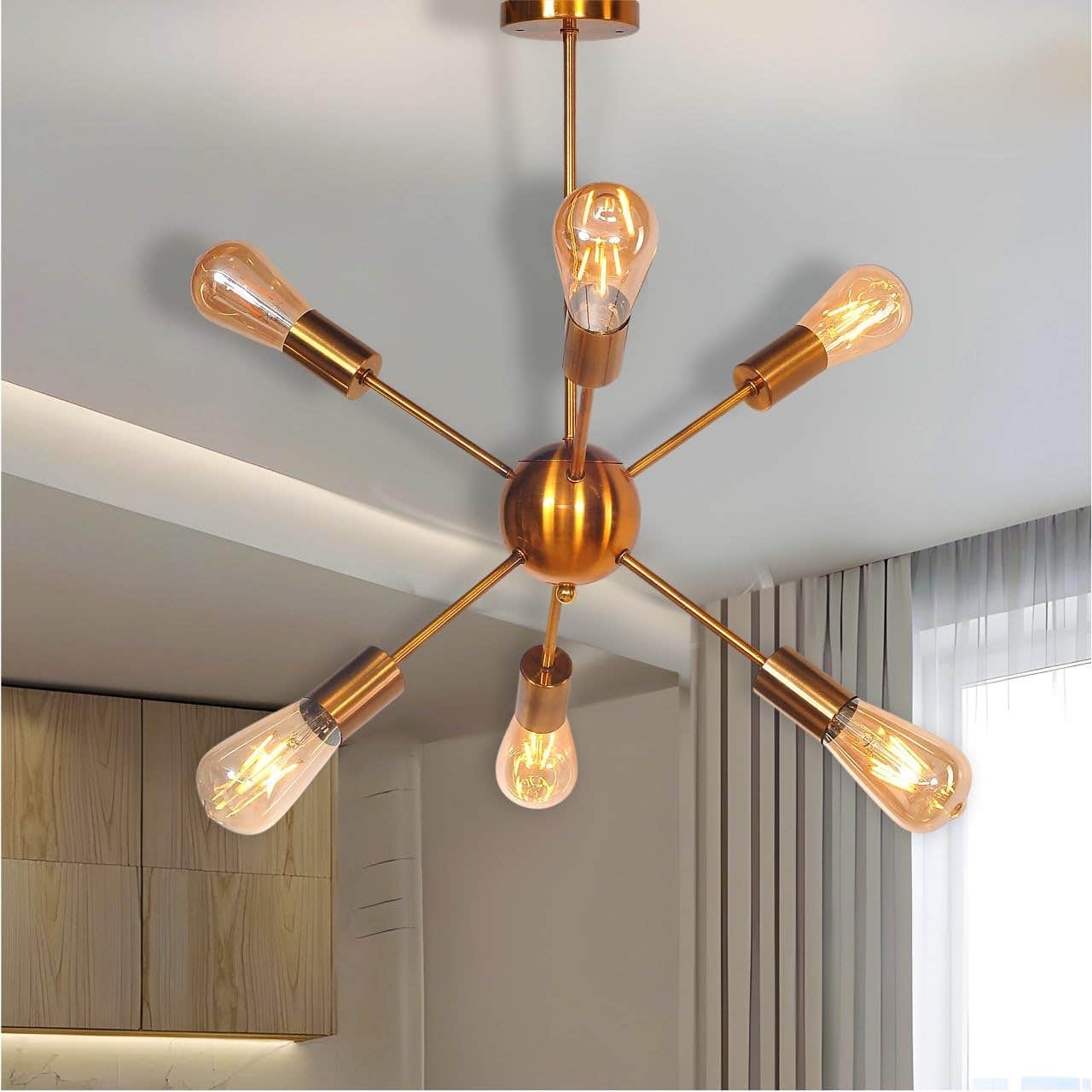 Modern 6-Light Sputnik Chandelier – Polished Golden Copper Finish – Elegant Lighting for Living Room & Salon
