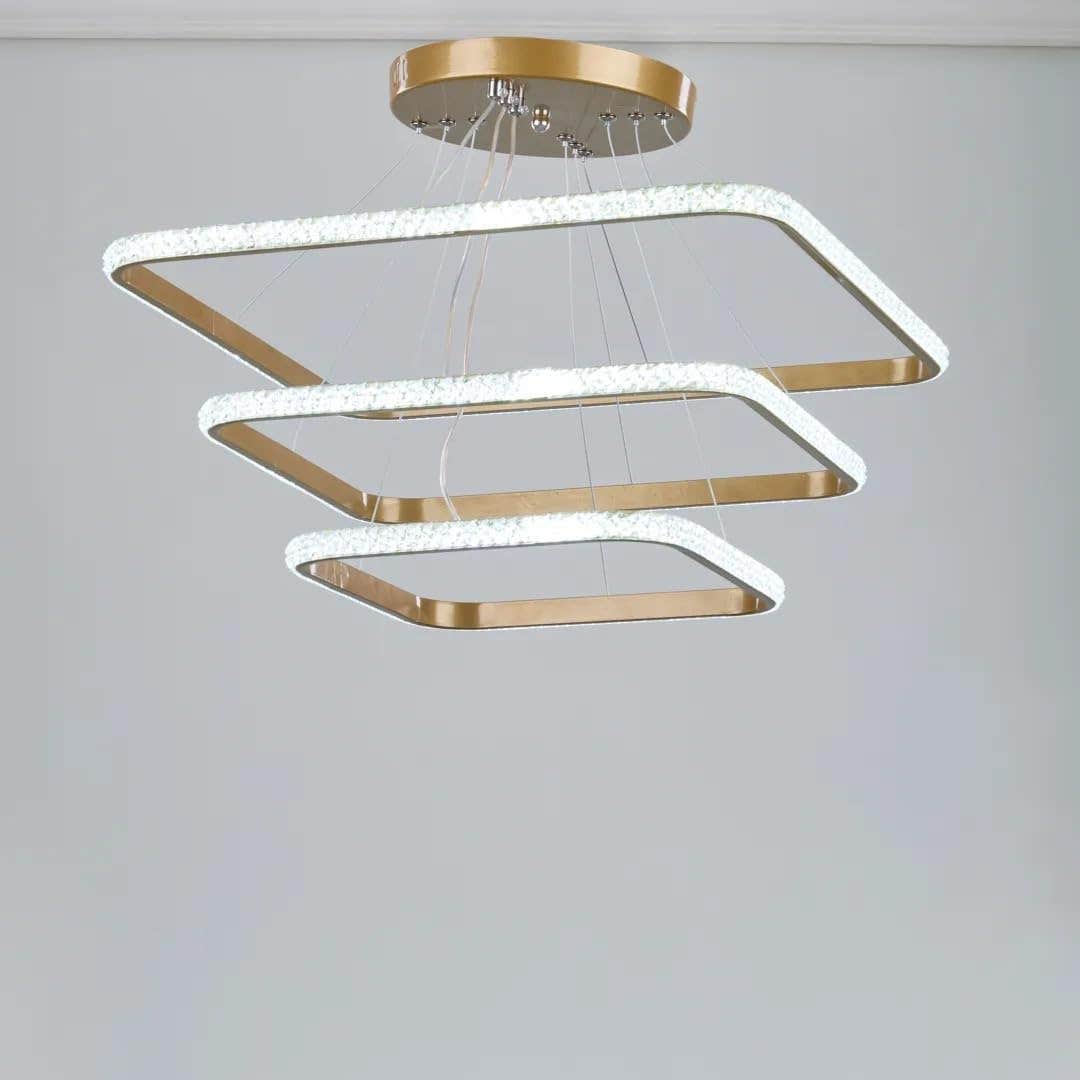 Modern LED Crystal Chandelier, 3-Tier Square Design, GOLD Frame, Adjustable Height, 3 light colour white warm natural