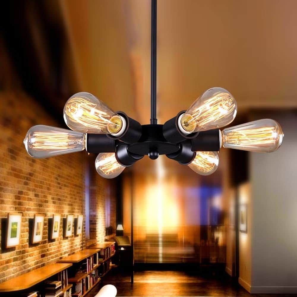 Modern Farmhouse 6-Light Sputnik Chandelier, Black Metal, Edison Bulbs - Generic