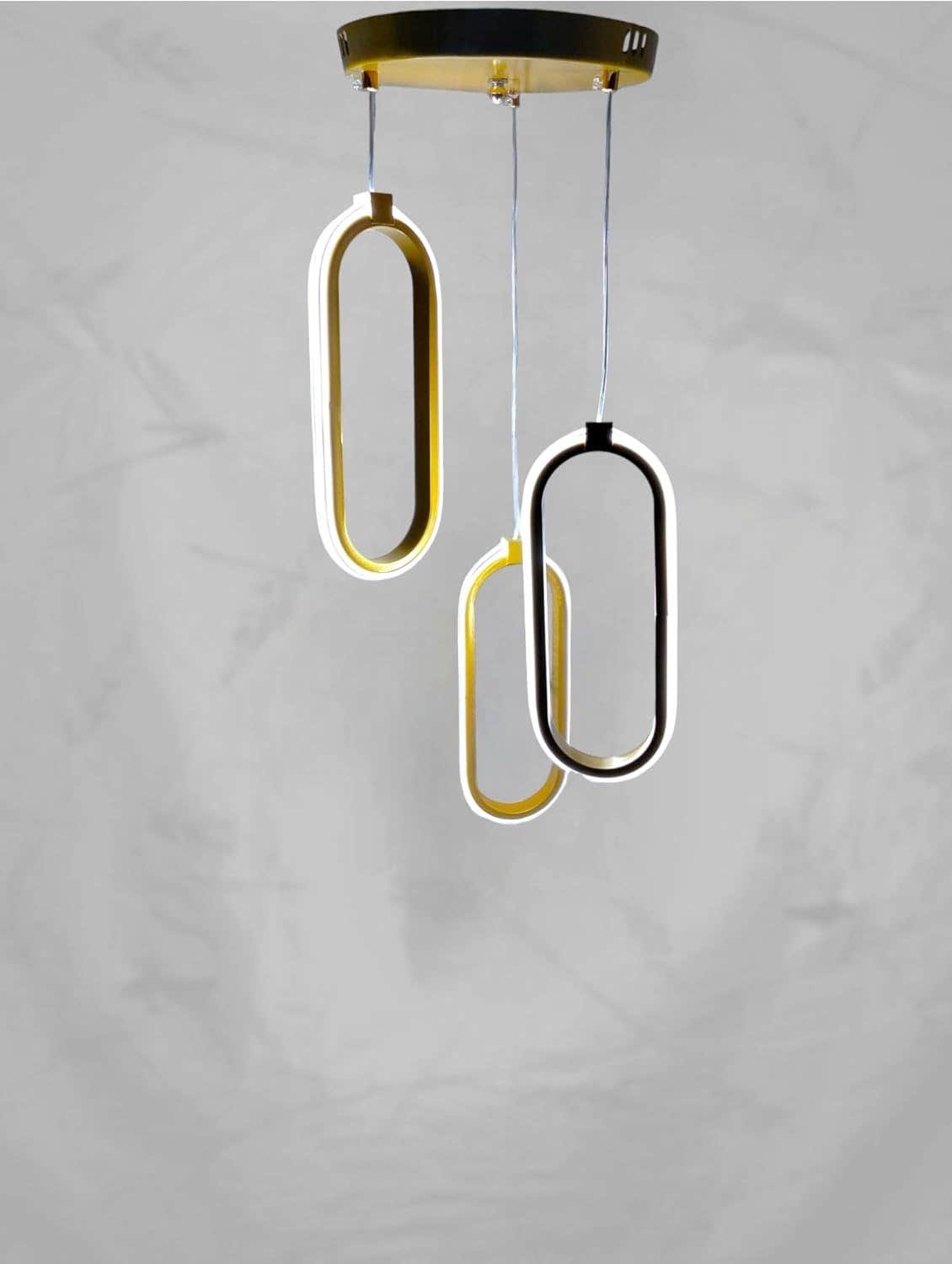 Modern LED Pendant Light, 3 Oval Rings, Gold, Hanging Ceiling Chandelier