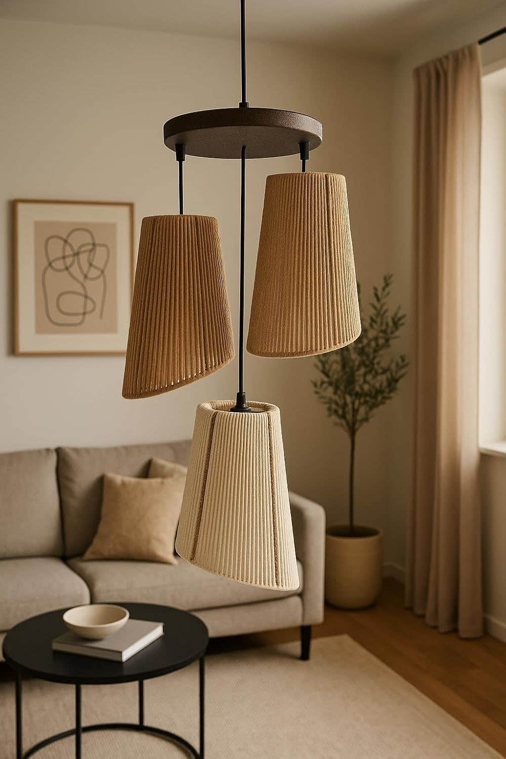Mushkah Lighting Natural Rope Triple Hanging Chandelier__