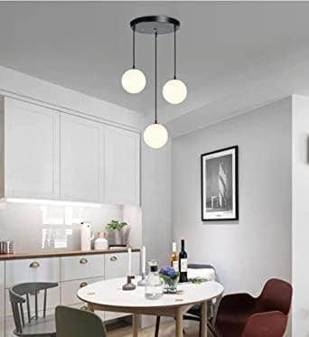 Modern Globe Pendant Chandelier, 3-Light Cluster, White Glass Spheres, Black Mount - Dining Room Lighting