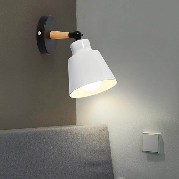 Modern White Metal Wall Sconce with Wooden Accent - Adjustable Head - Black Base