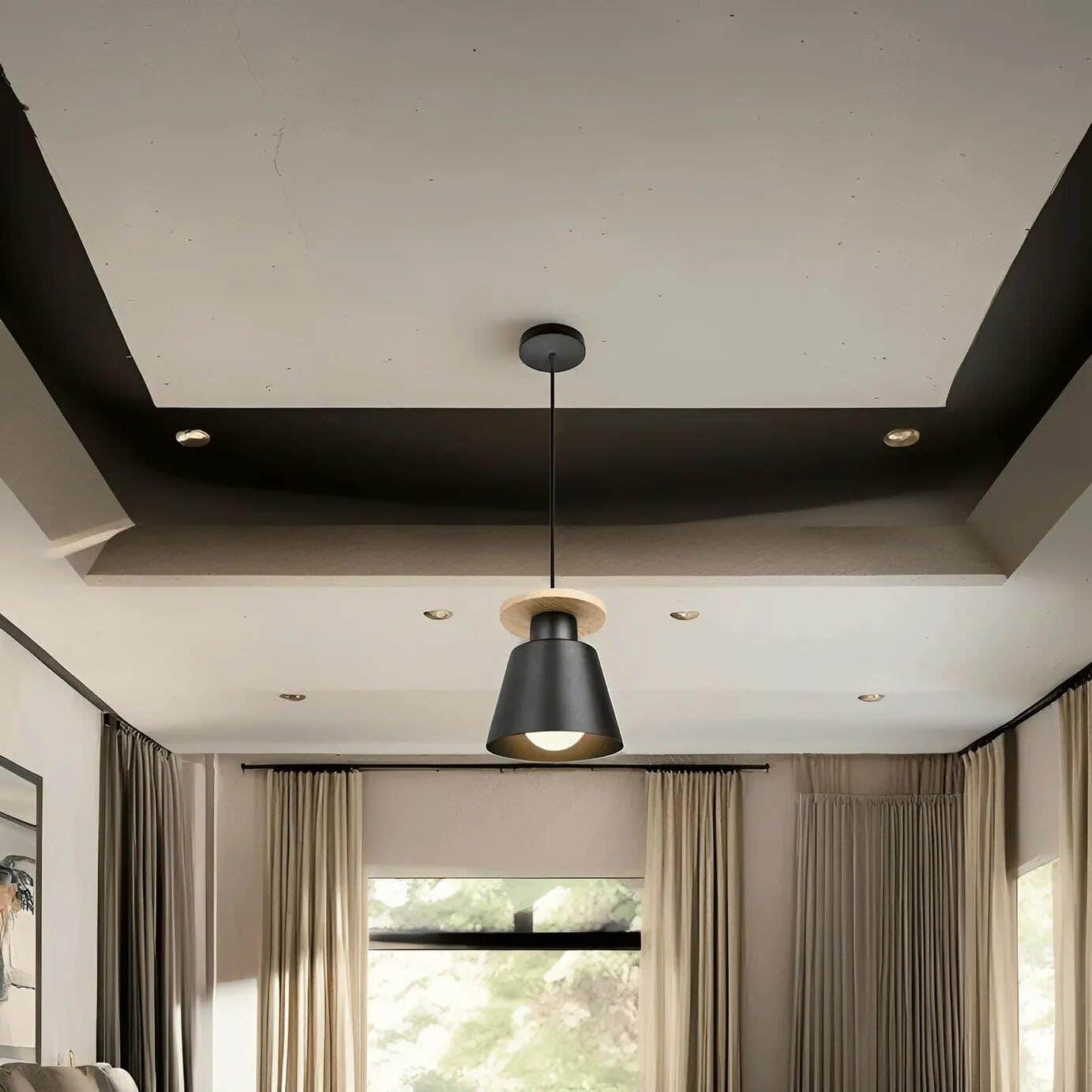 Modern Black Aluminum and Wood Pendant Light for Stylish Room - Semi Flush Mount