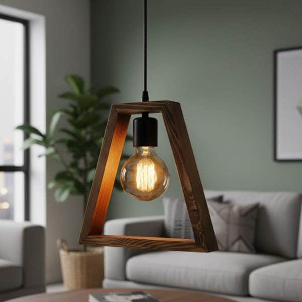 Modern Wooden Geometric Pendant Light, Natural Wood Finish - 20x60 cm