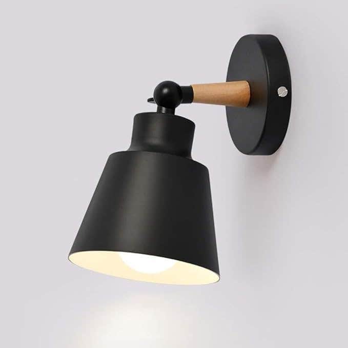 Modern Adjustable Wall Sconce Light with Wooden Accent - Black Metal Shade
