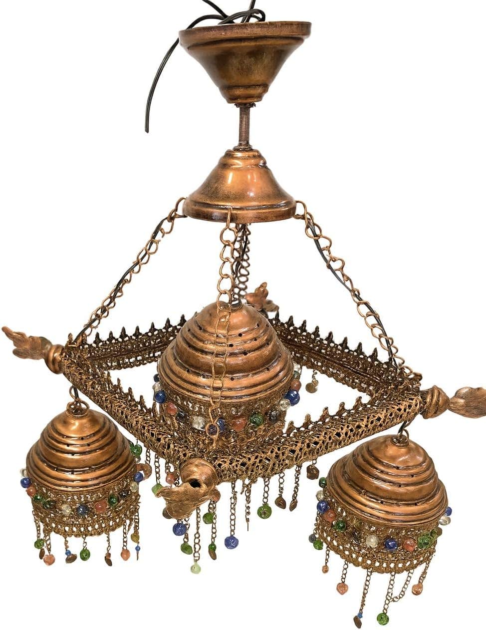 Mushkah Lighting Arabic Copper Chandelier with Three Decorative Domes Pendants and Colorful Crystals