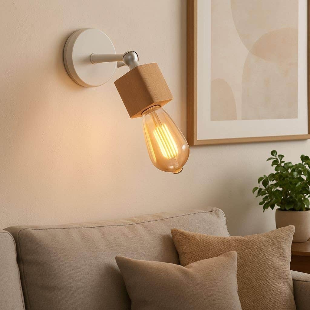 Modern Black Wall Sconce Light with Wooden Accent, Adjustable Arm - E27 Edison Bulb Fixture