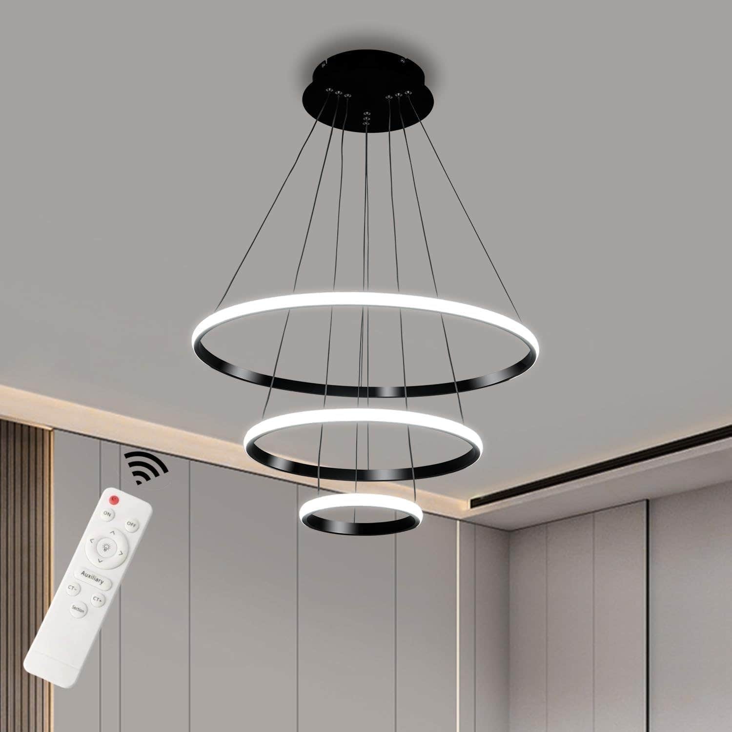 Modern Black LED Chandelier with Remote Control - 3-Ring Pendant