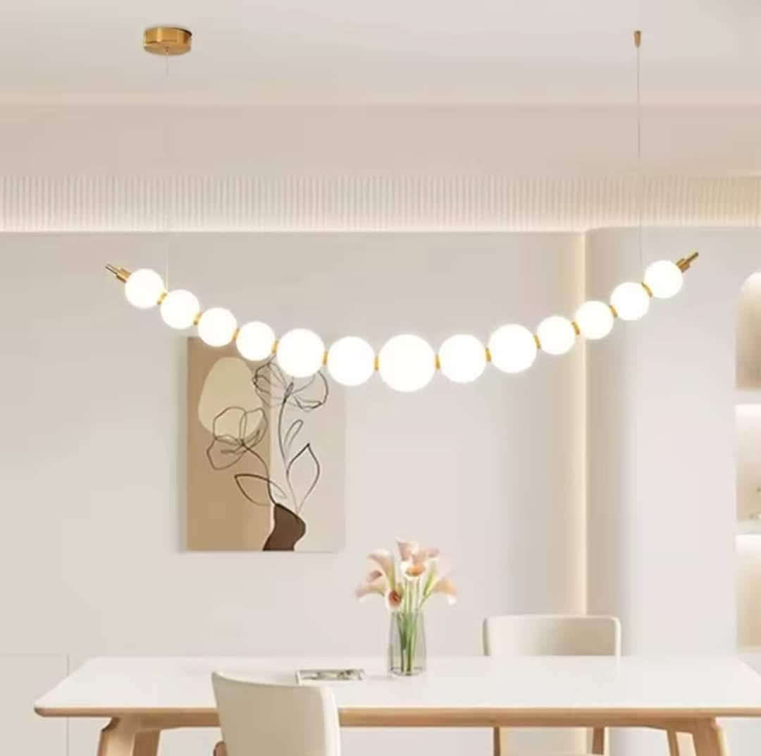 Contemporary LED Linear Chandelier, White Glass Spheres, Gold Finish