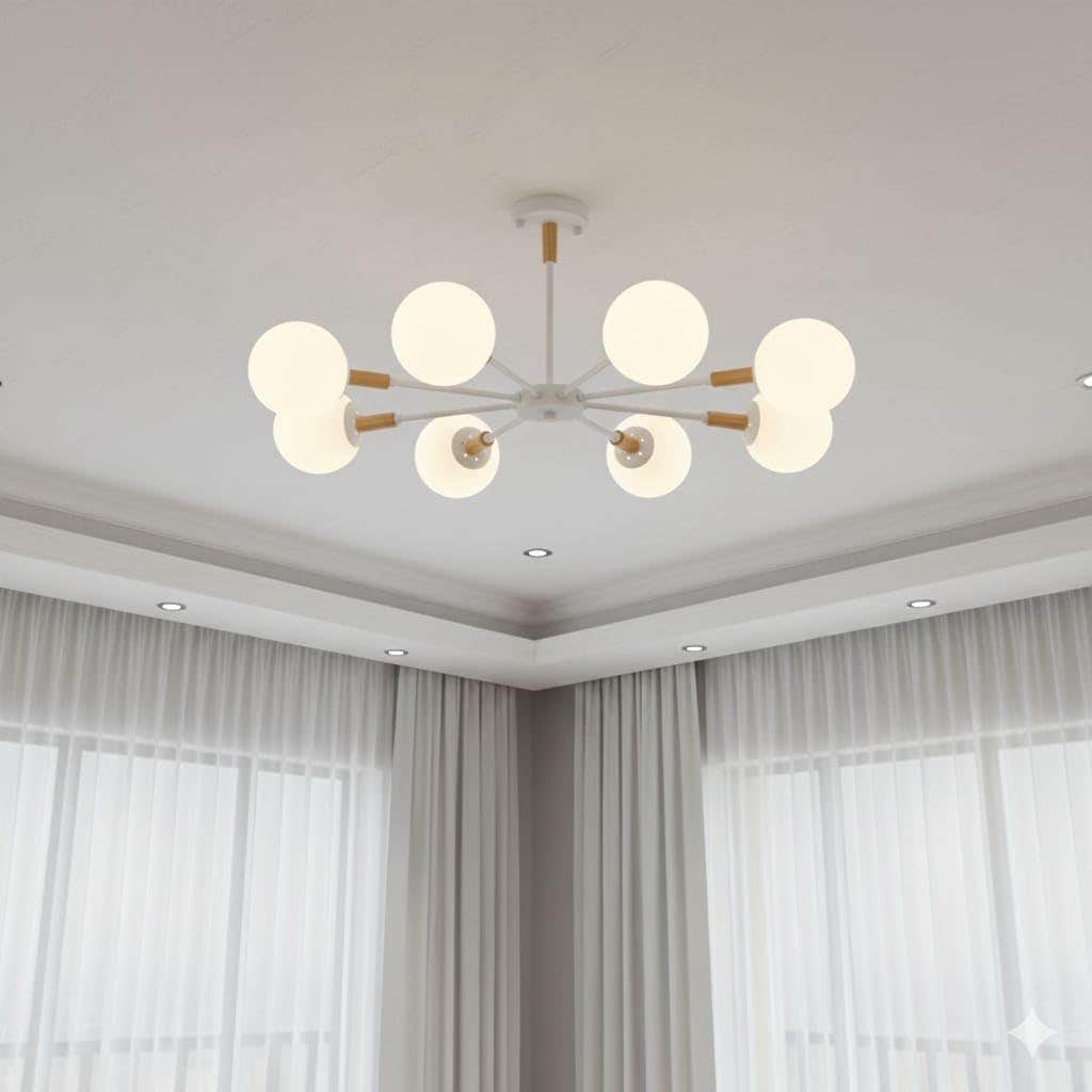 Generic Modern Sputnik Chandelier, 8-Light Globe Pendant, White Metal Fixture