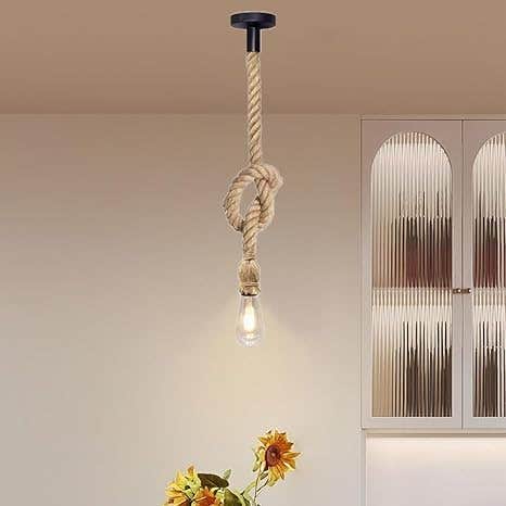 Modern Farmhouse Rustic Rope Pendant Light with Edison Bulb - Black Metal - Dining Room, Kitchen