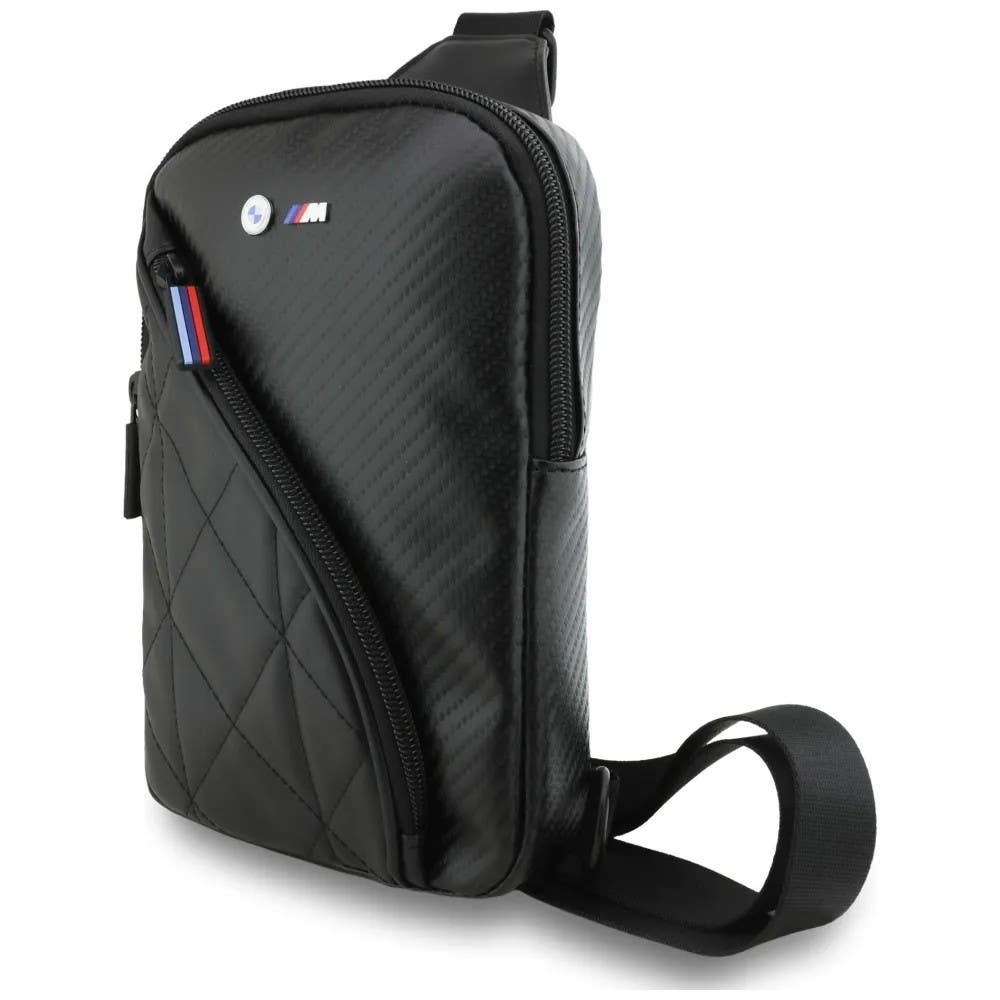 "BMW Motorsport Crossbody Bag in PU Leather & Carbon - Black with Metal Logos"