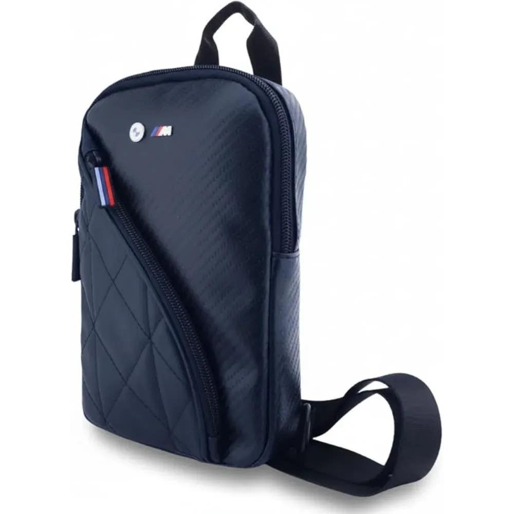 BMW PU Leather & Carbon Crossbody Bag - Navy Blue | Metal Logos | Adjustable Strap