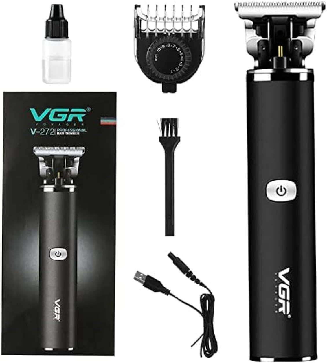 VGR V-272 Professional Cordless Hair Clipper T-Blade Close Cutting Trimmer for Men 0mm Bald Head Clipper Waterproof IPX5 Runtime 180 min 1200 mAh Li-ion Battery with 20 Length Settings - Black