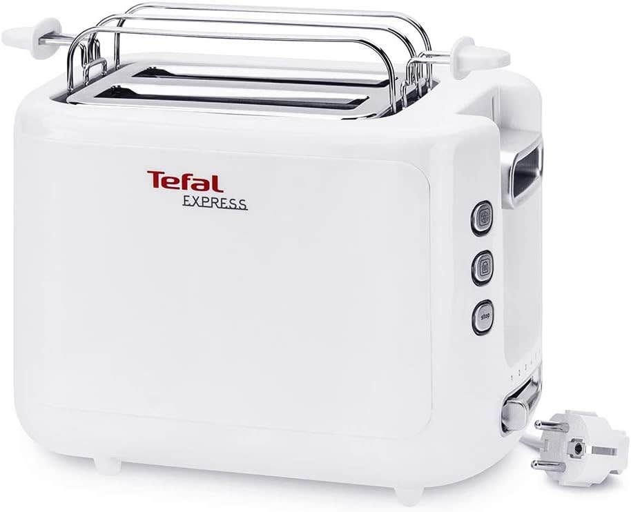 Tefal Express 2-Slice Toaster, 850W, White, 7 Browning Settings, High-Lift Function, Stop Button, Model TT360131-1