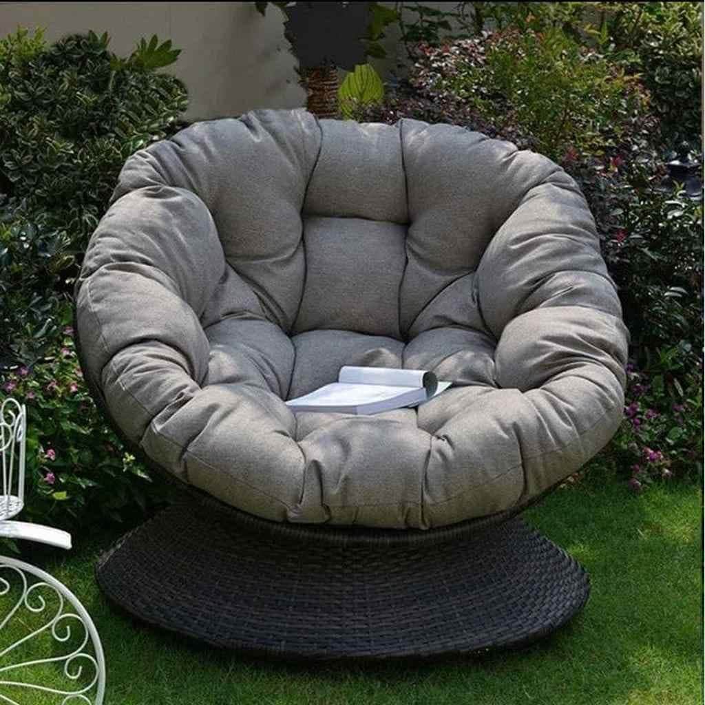 Luxury Gray Padded Circular Chair with Thick Comfortable Cushion, Woven Rattan Base - Garden & Patio