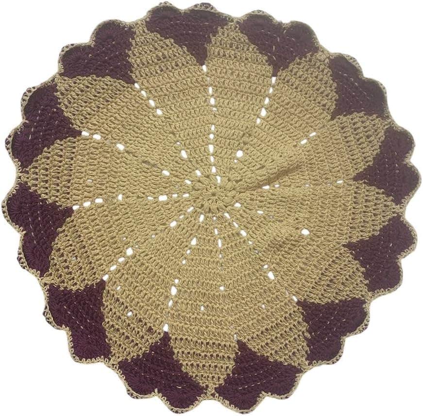 Handmed Round Crochet Placemat, Beige and Maroon, Floral Pattern with Wavy Edges Home Decor Piece_Diameter 40cm