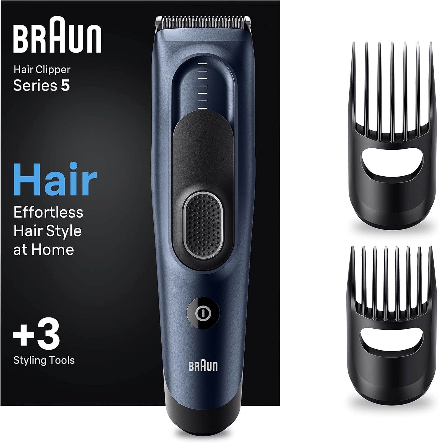 Braun Series 5 HC5350 Men's Hair Trimmer, Hair Cutting at Home, 17 Length Settings, Ultra Sharp Blades, 2 Comb Attachments, 50 Minimum NiMH Battery Life, Washable - Black/Blue