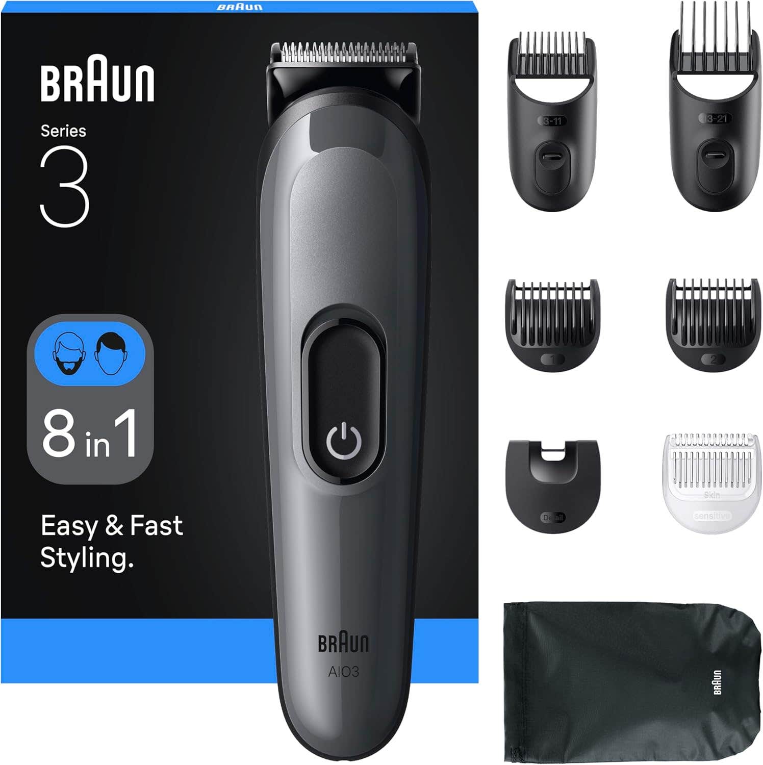 Braun All-in-One Series 3 8-in-1 Grooming Kit, Ultra Sharp Blade, 14 Lengths AIO3540, Grey