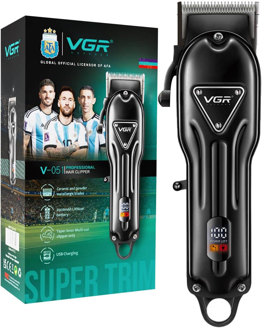 VGR V-051 Professional Hair Clipper, Salon Trimmer for men, Digital Display, Ceramic & Powder Metallurgic Blades, 2500mAh Lithium Battery, 300 minutes Runtime, 4 Guide Combs (Black) 1 Year Warranty
