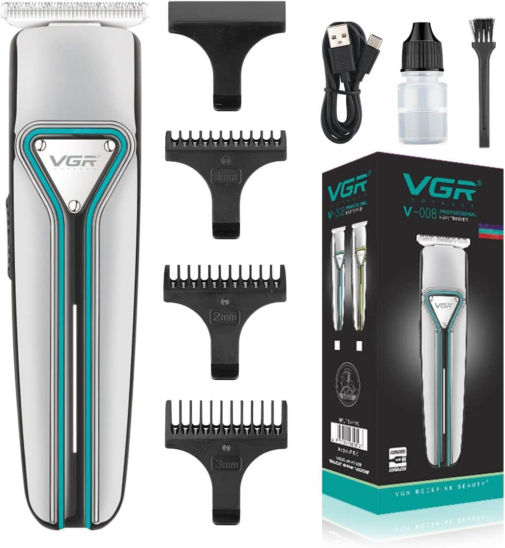 VGR V-008 Professional Rechargeable cordless Pro Self Haircut Hair Clipper, Beard trimmer with Stainless steel Blades USB Charging cable 3 Guide Combs for men Runtime: 120 min 600 mAh Li-ion Battery