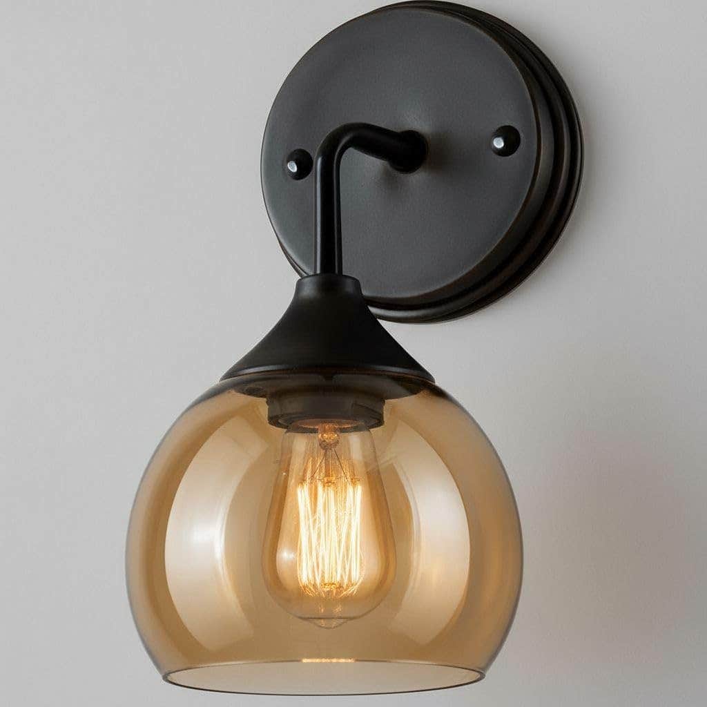 Matte Black Vintage Wall Sconce with Amber Glass Globe Shade