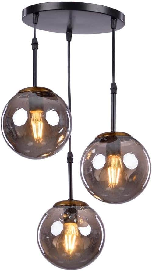 Black Smoked Glass Globe Pendant Light, 3-Light Cluster, Modern Design
