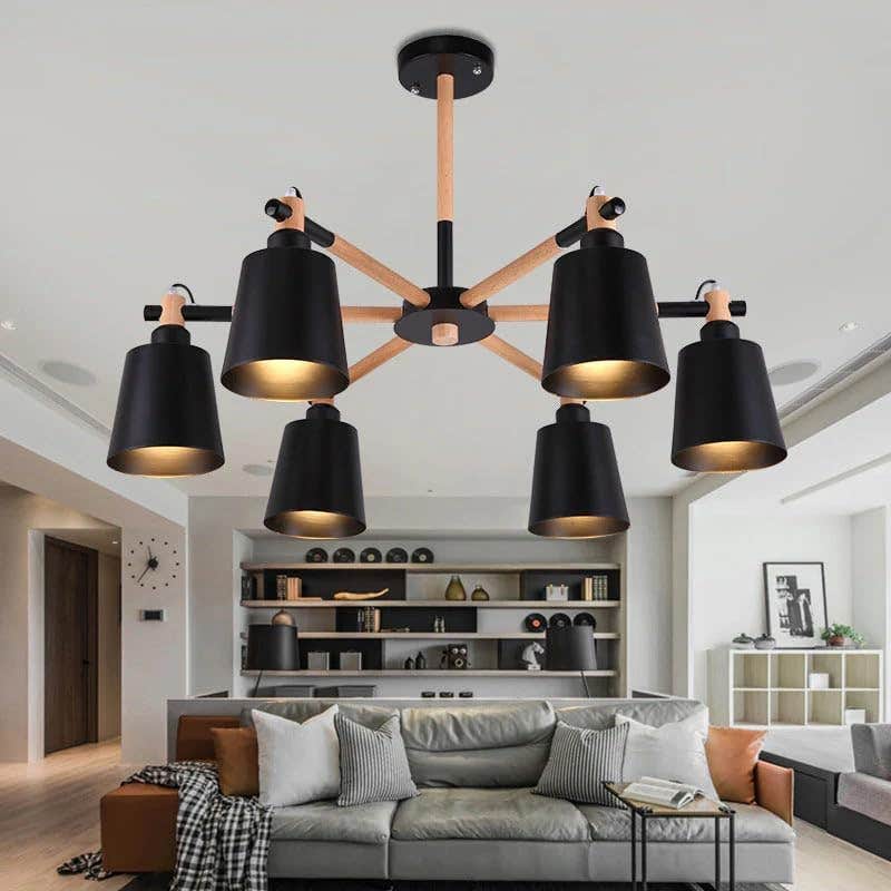 Modern 6-Light Chandelier with Wooden Arms, Adjustable Height - Warm White LED, Remote Control