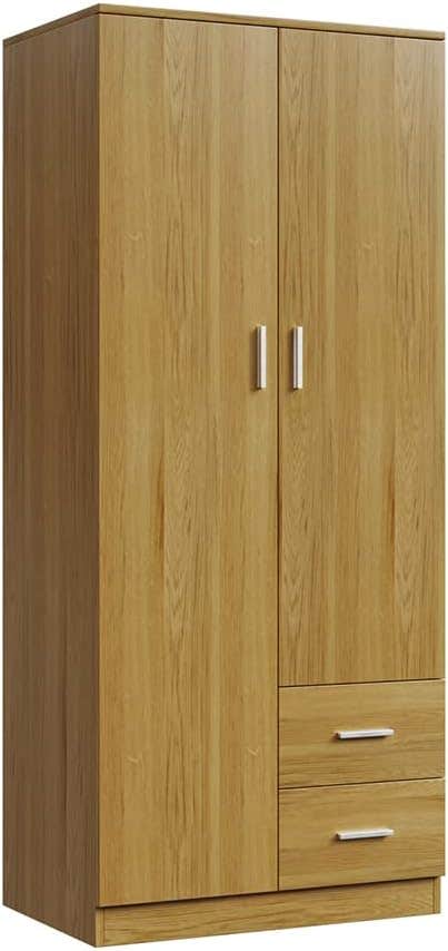 Panana 2 Door 2 Drawer Wardrobe with Shelf and Hanging Rail Wooden Clothes Storage Cupboards Unit for Bedroom Furniture 77 * 50 * 180cm (Oak Effect), Beige