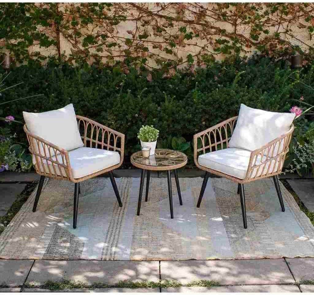 Modern Rattan Patio Bistro Set with White Cushions, 3-Piece Outdoor Furniture