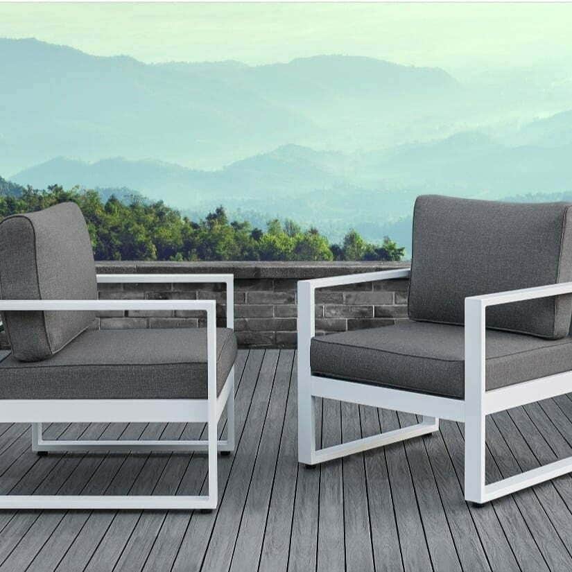 Modern Outdoor Patio Furniture Set, White Frame, Grey Cushions, Contemporary Lounge Chairs