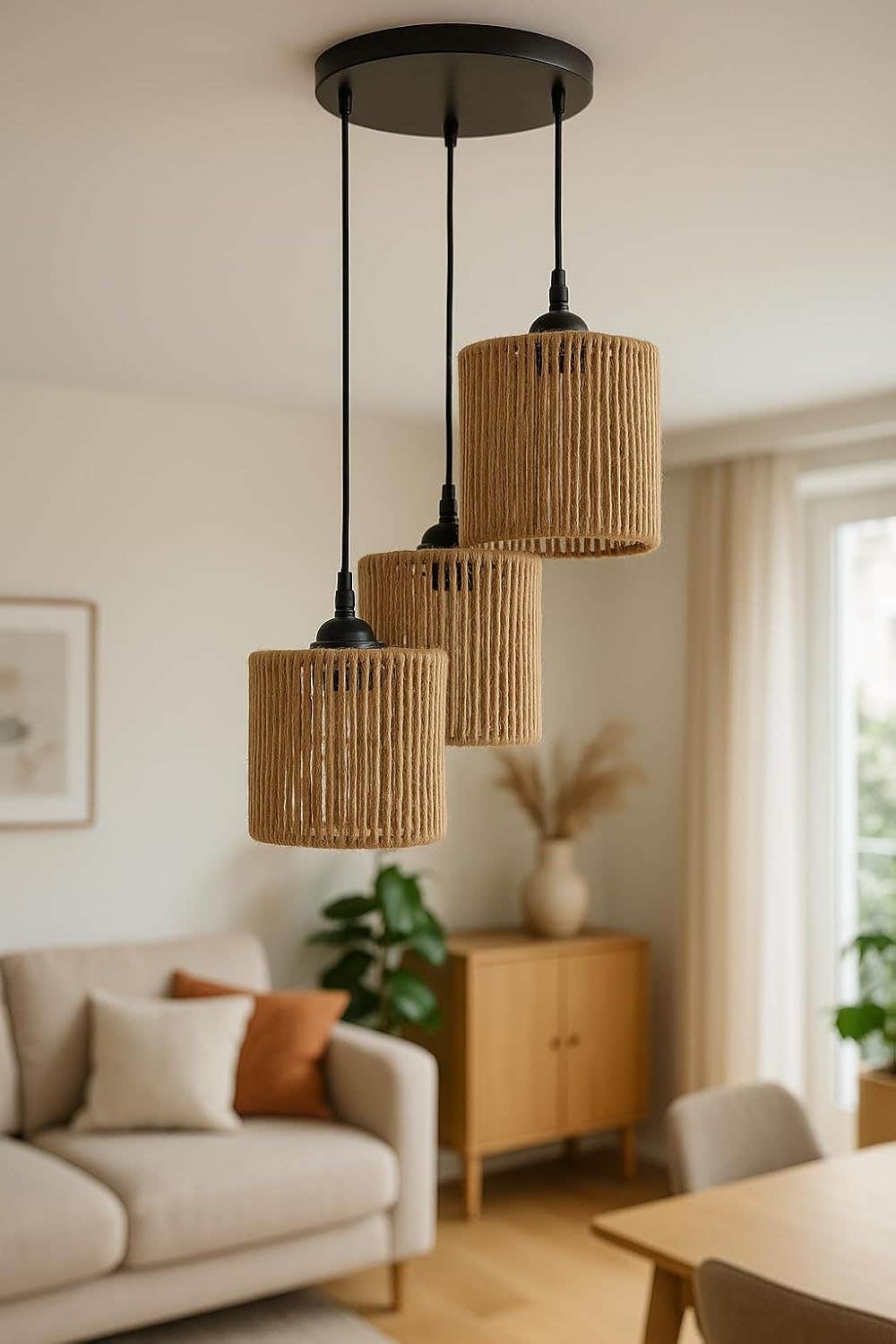 Mushkah Lighting Modern Cylinder Natural Burlap Triple Hanging Chandelier__