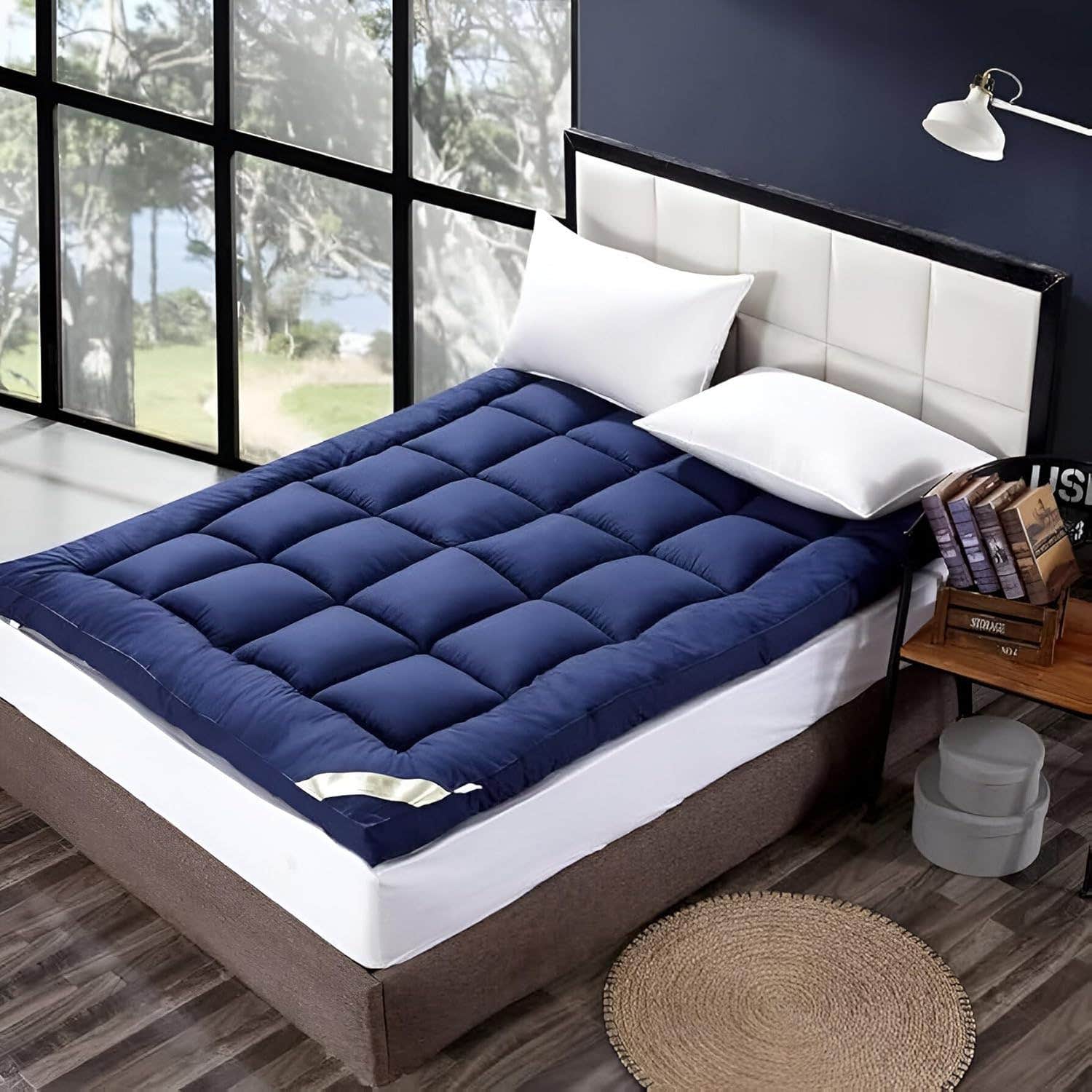 "Premium Hotel-Grade Fiber Mattress Topper, Comfortable and Practical, 100x200 cm Size, 7 cm Height, Navy Blue"