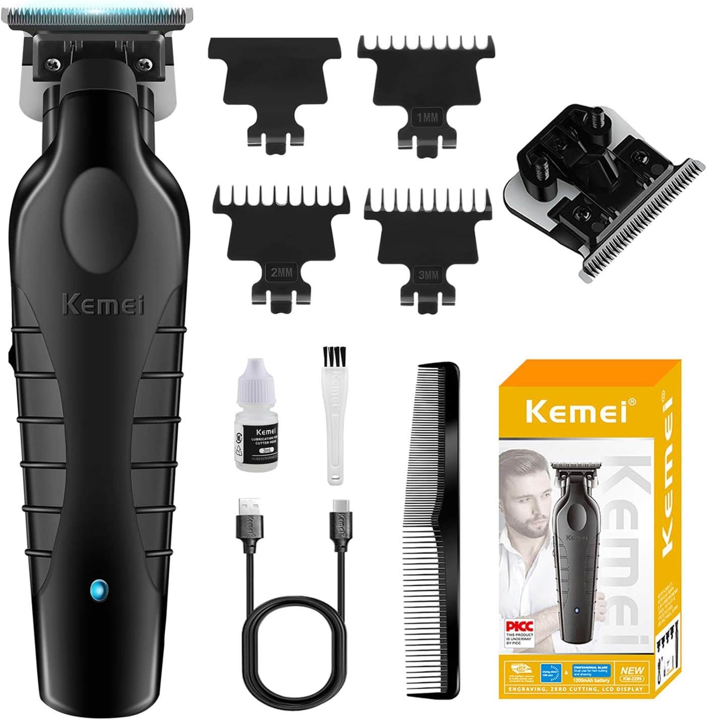 Kemei KM-2299 Cordless Hair Clipper with T-Blade - Rechargeable & Precision Cutting