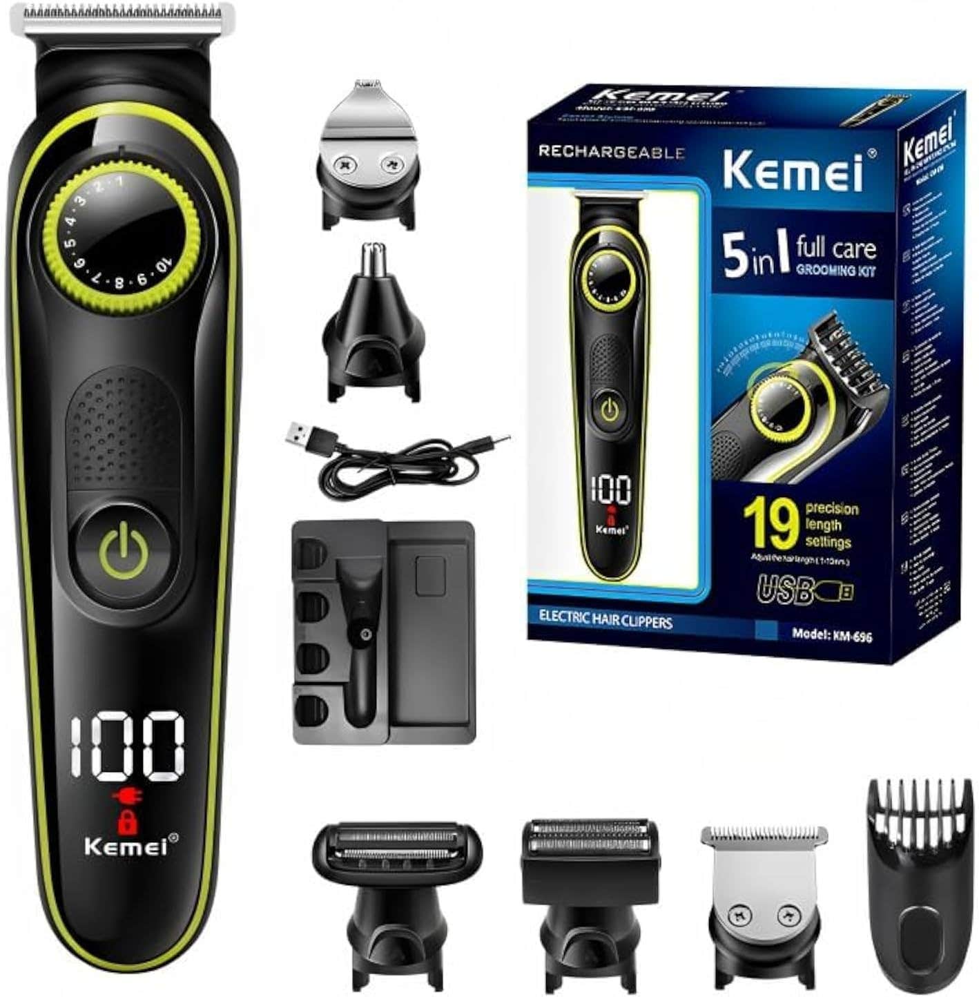 Kemei KM-696 5-in-1 Electric Hair Shaver Grooming Kit for Men - Rechargeable Multigroomer, Black