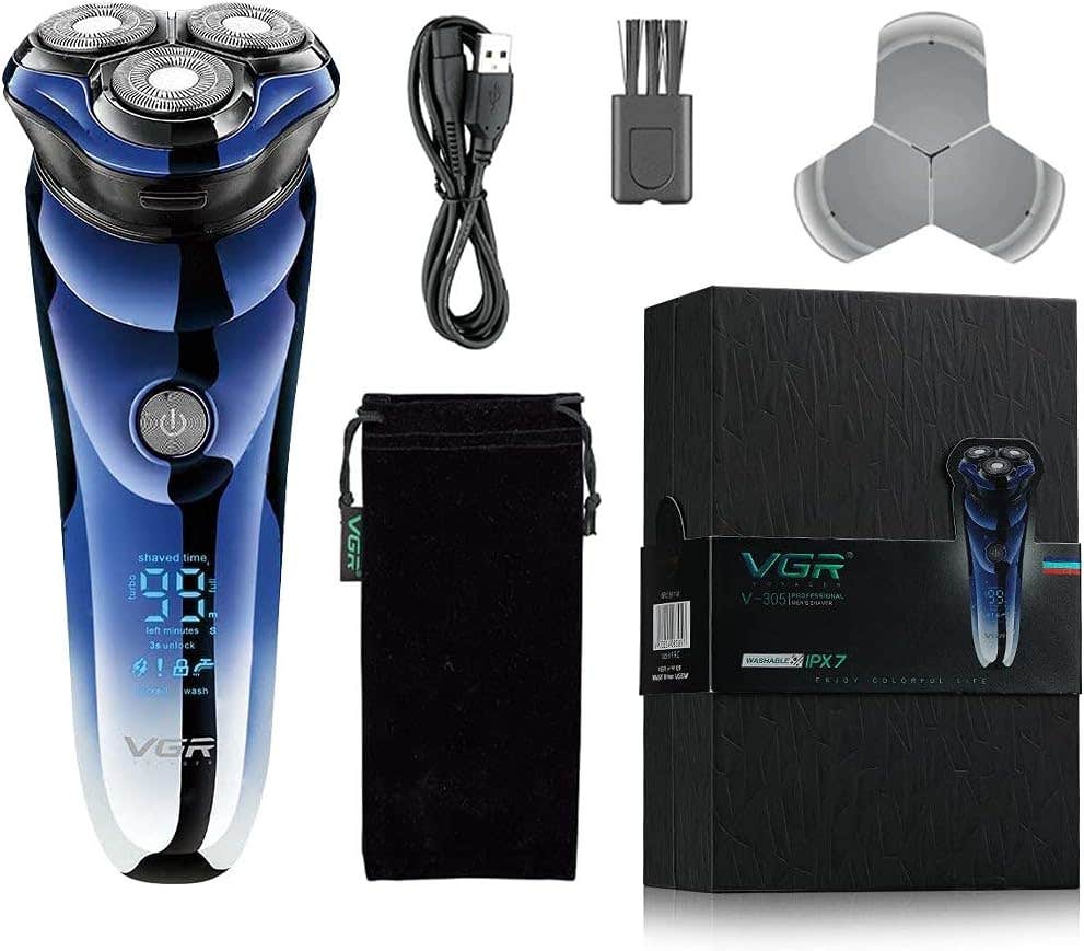 VGR V-305 Premium Cordless Rechargeable IPX7 Fully Waterproof 3 Head Electric Shaver Wet & Dry Rotary Shavers for Men with Pop-up Trimmer Super-Fast Charge 100 minutes Runtime with LED Digital Display