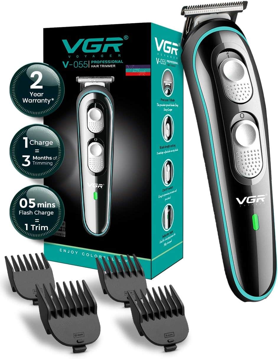 VGR Professional Cordless Rechargeable Beard Trimmer with Guide Brush for Men, Black, V-055
