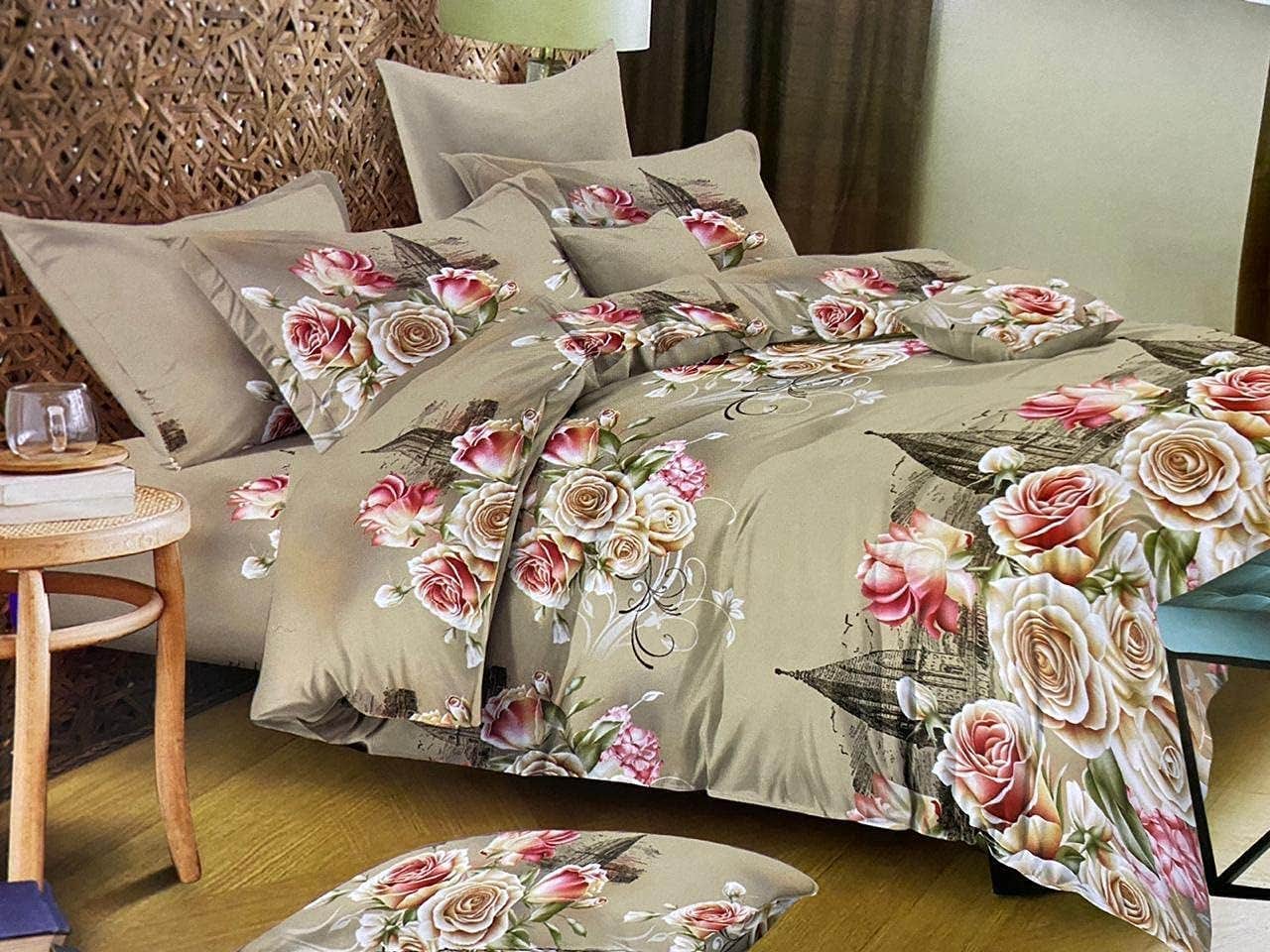 Turkish Cotton 3D Bed Sheet Set - 4 Pieces - High-Quality Fabric - Fits 240x260 cm Bed - Floral Design