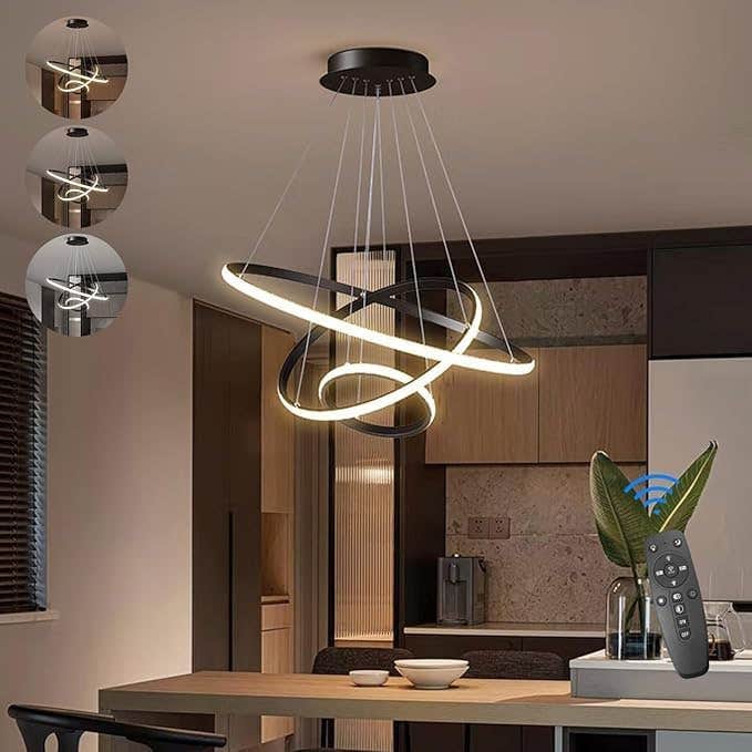 Modern LED Chandelier, 3-Ring Spiral Design, Dimmable Pendant Light, Black - Premium Aluminium - Remote Control - Contemporary Lighting