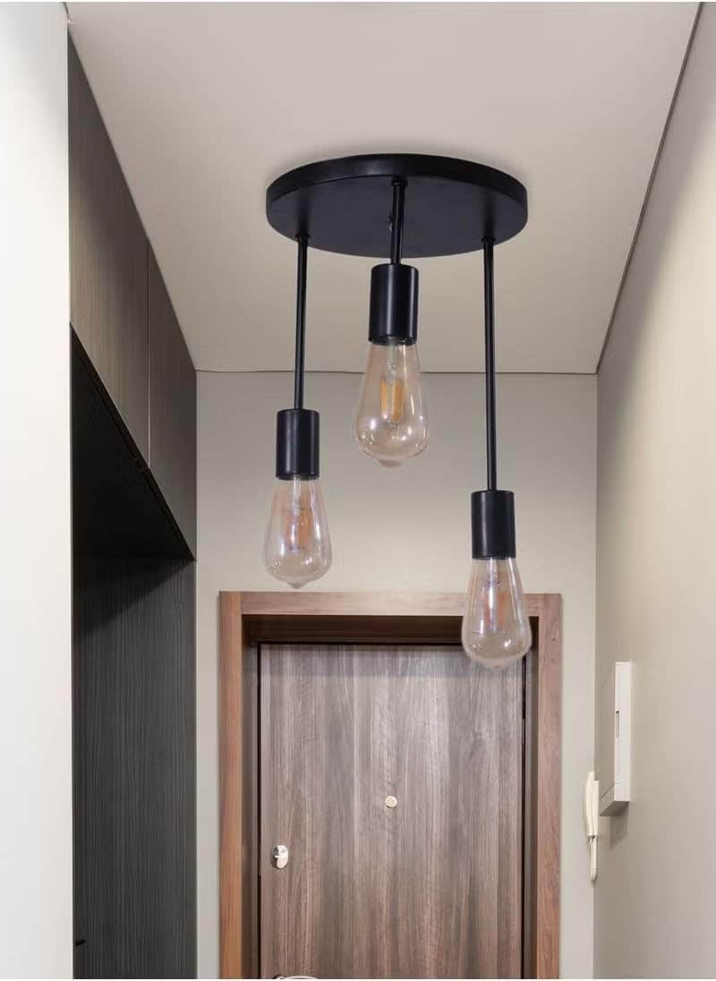 Modern Black Metal 3-Light Ceiling Pendant Fixture | Industrial Design | Edison Bulbs