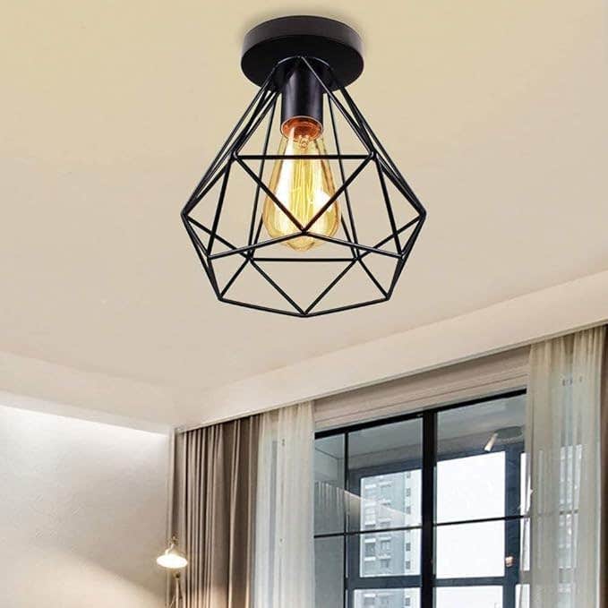 IDEGU Industrial Black Metal Diamond Cage Ceiling Light, Modern Semi-Flush Mount