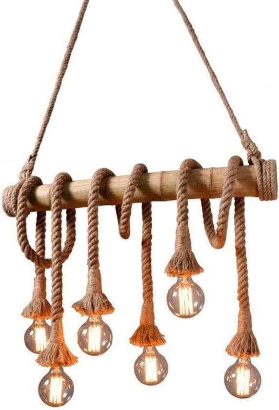 SAHEYO Retro Hemp Rope Chandelier, 6xE27 Pendant Light