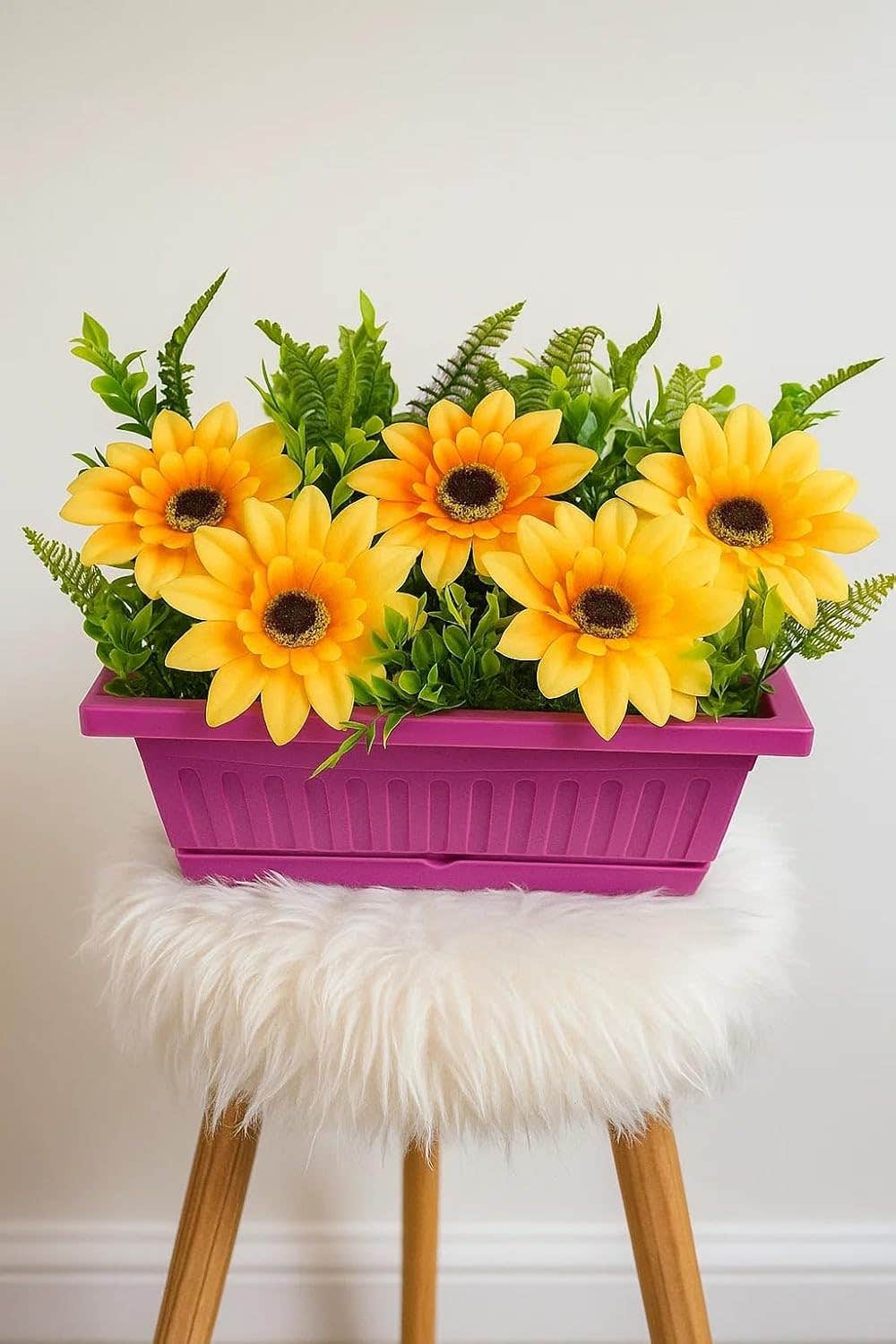 Artificial Planter Pot Creative Design Combines Green Palm Leaves And Different Flowers In A Stylish Plastic Pot, Modern Aesthetic