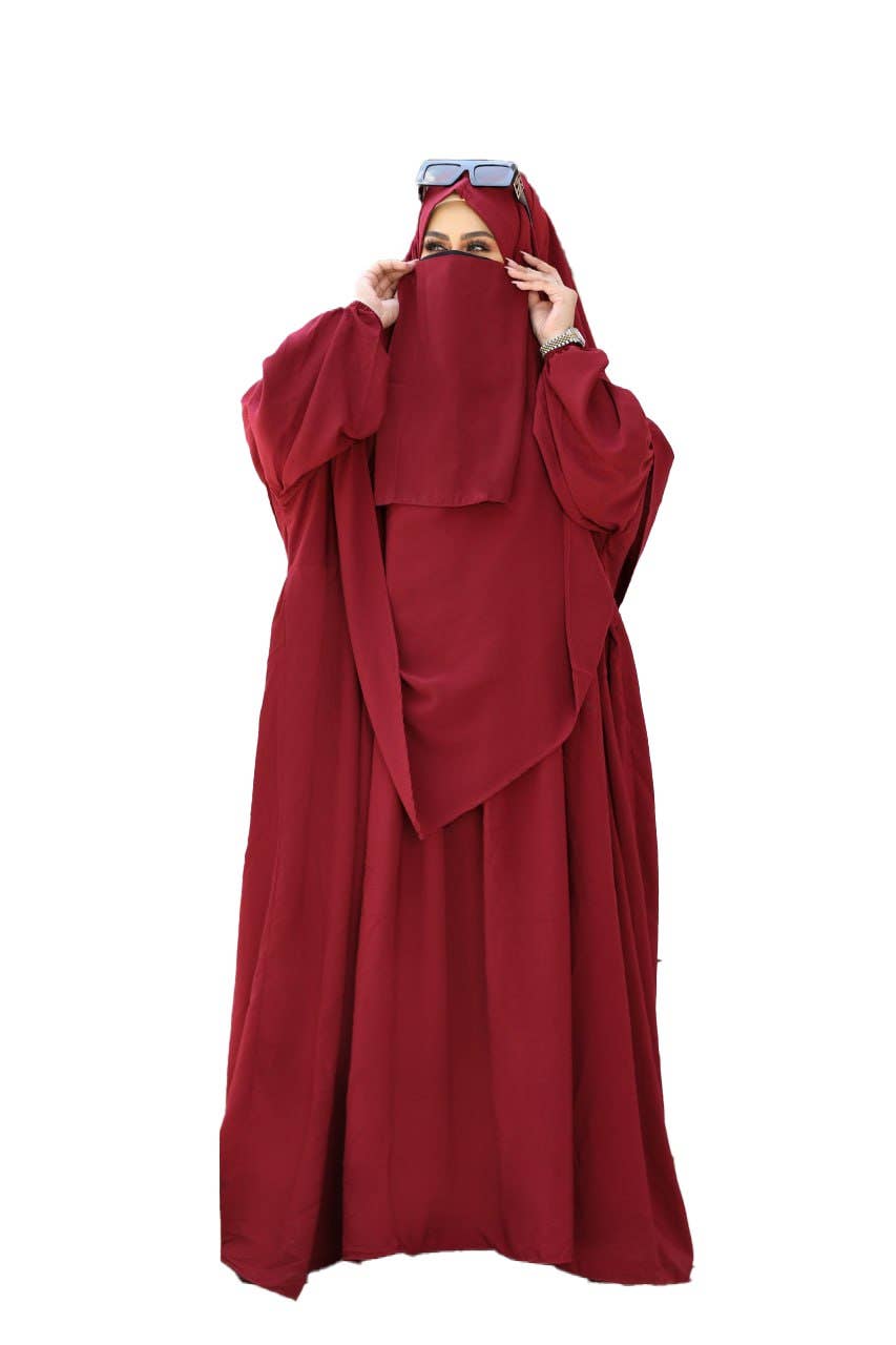 Women's Abaya - Gamal Sons, Royal Crepe, Model 9045, 3 Pieces, Luxury - Burgundy