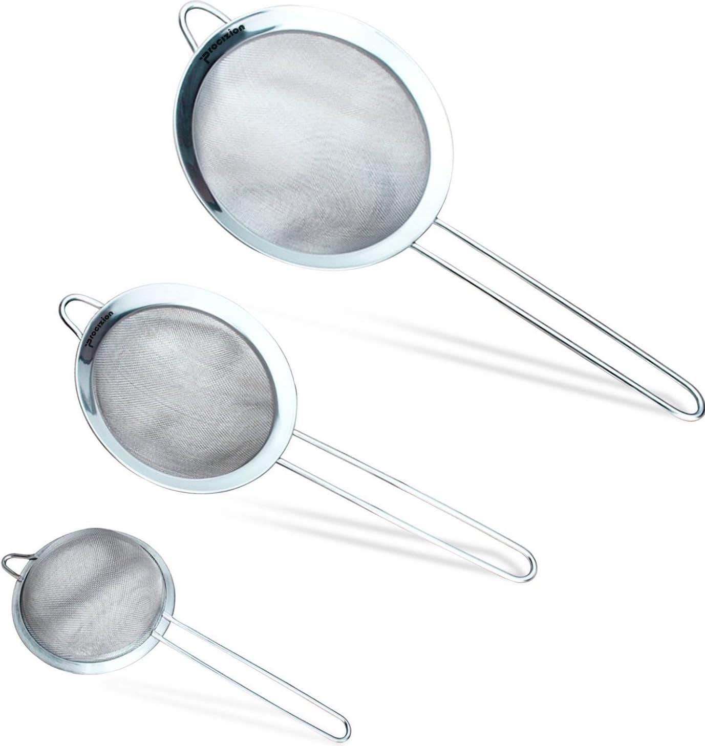Procizion Stainless Steel Fine Mesh Strainers Set of 3 All Purpose Colander Sieve for Superior Baking and Cooking Preparation (3 Pack Small)