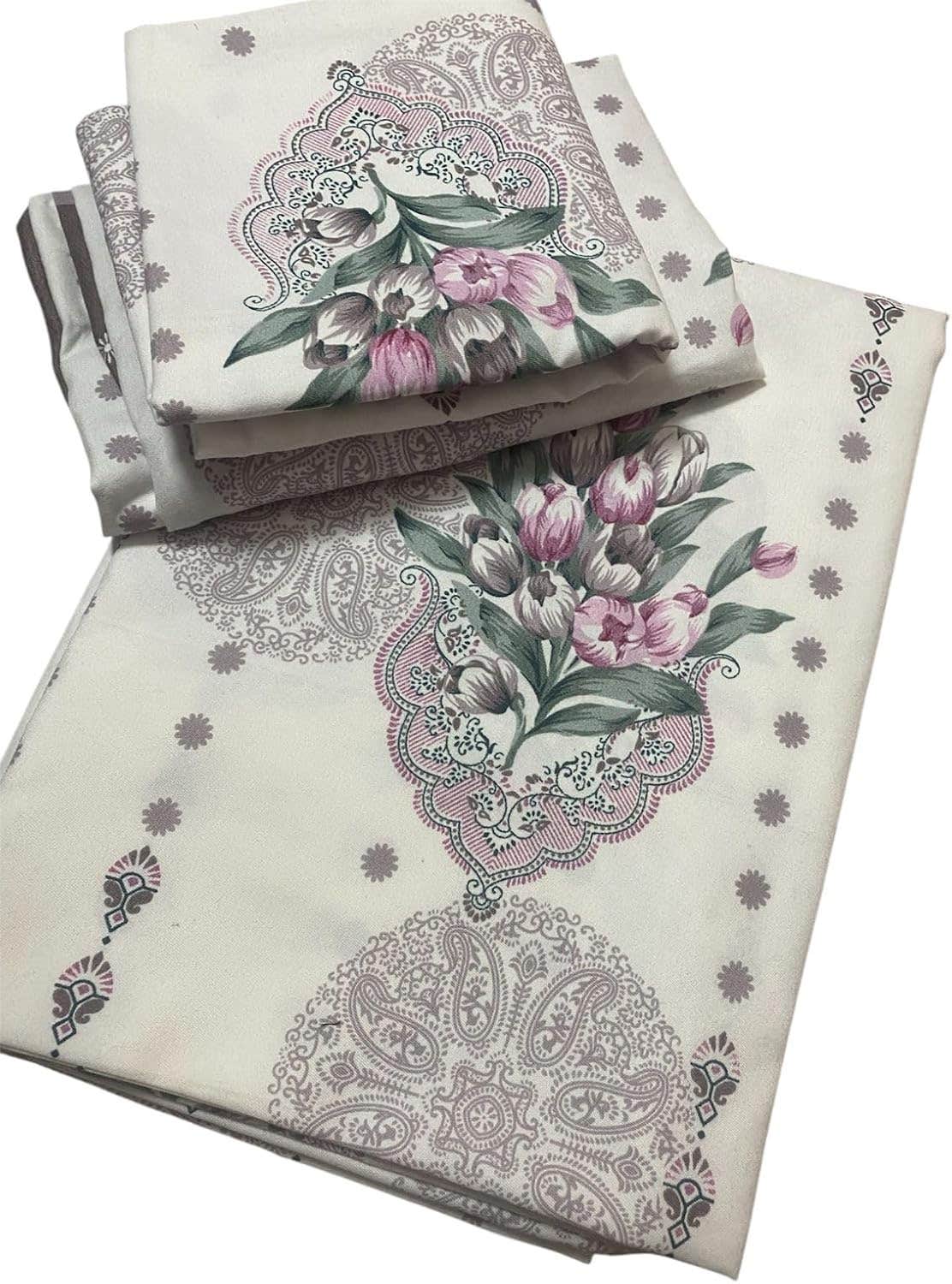 Luxury Bed Sheet Set, Tulip & Basilli Floral Pattern, White Fabric with Pink and Green Flowers, Classical Chic Design 3 Pcs Fitted Sheet 220 * 224cm + Pillow + Pillow + Pillow Cases
