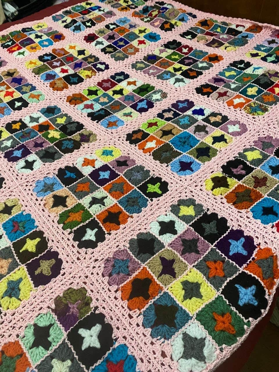 Handmade Crochet Bedspread Colorful Squares with Pink Frame, Multicolor Floral Design, Handmade Bedspread Specially Made for Excellence Lovers Size 180 * 240 cm Soft Turkish Cotton Thread