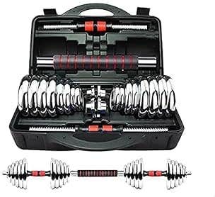 SMART FIT ® Ultimate Pro 2-in-1 Chrome Steel Adjustable Dumbbell Set with Premium Chrome Carrying Case with Connector Bar - Converts from Pair Dumbbell to Bar for Strength Training (Silver,30KG)