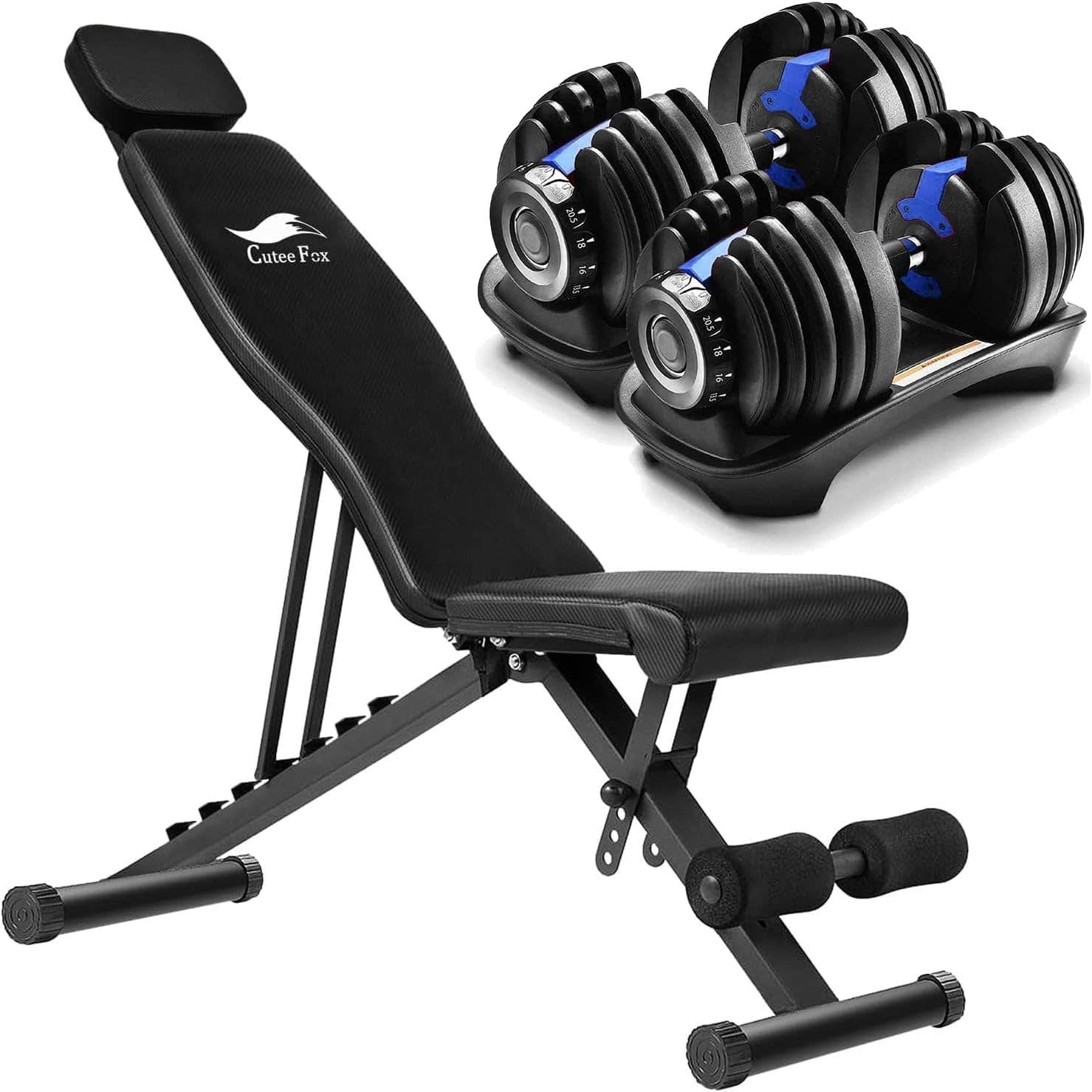 C24 Training Bench + Variable Dumbbells, 55.1 lbs (24 kg), Adjustable Dumbbells, Set of 2, 5.5 - 55.1 lbs (2.5 - 24 kg), 15 Adjustable Levels, Weight Adjustment in 5 Seconds